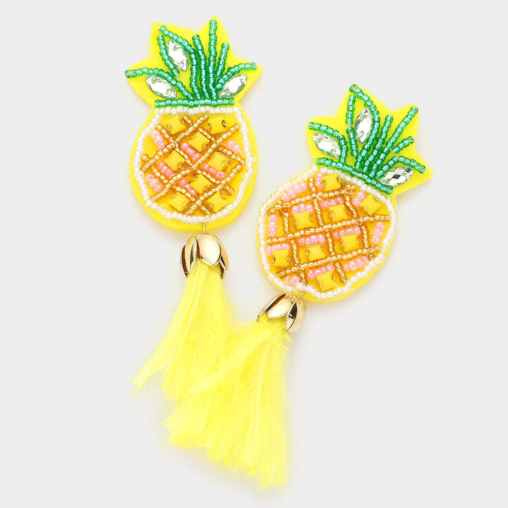 Beaded Pineapple Feather Tassel Earrings
