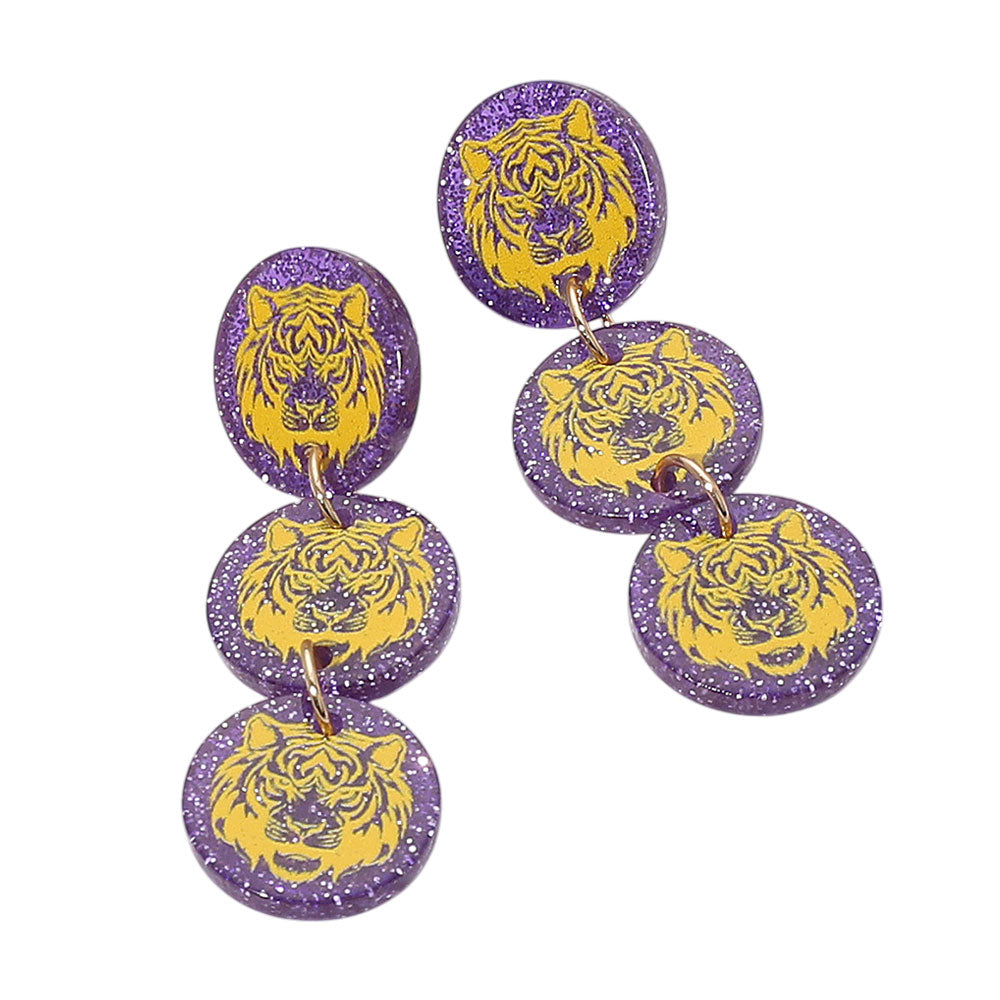 Tiger Face Disc Game Day Style Drop Earrings