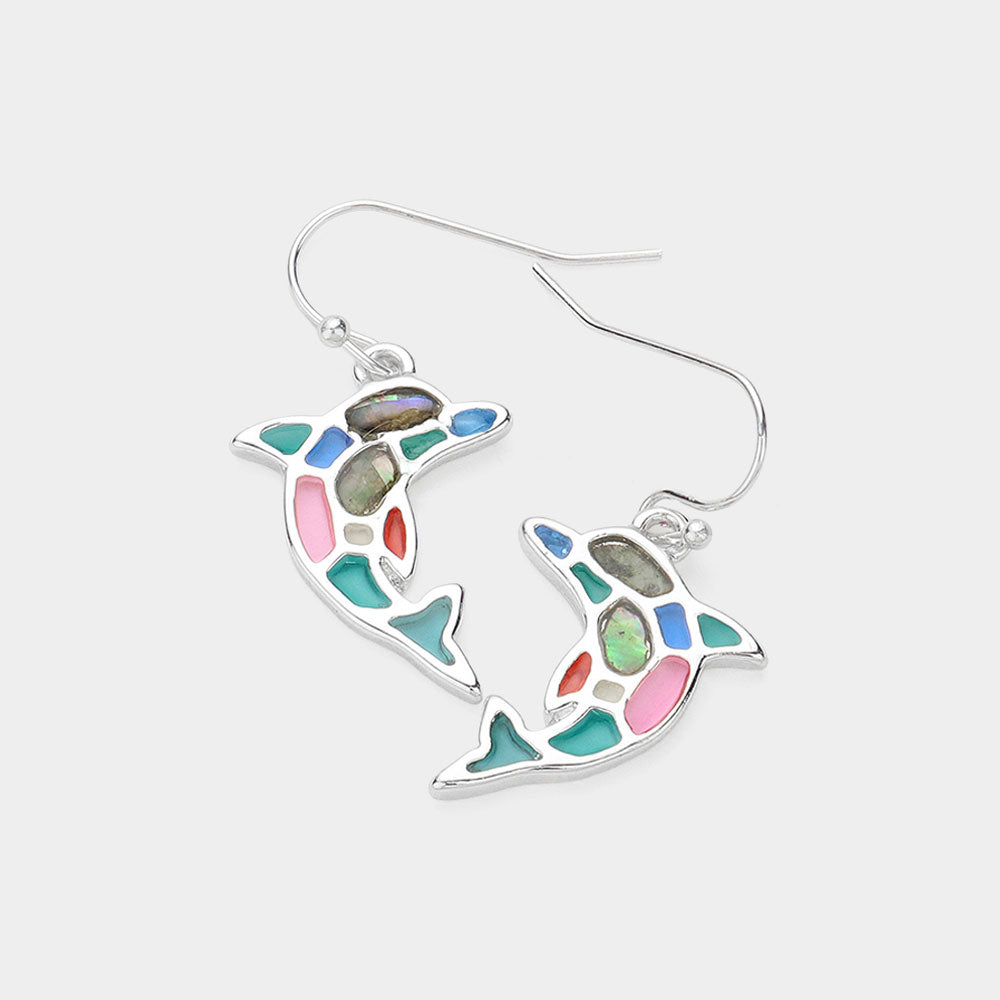 Abalone Pointed Enamel Dolphin Dangle Earrings