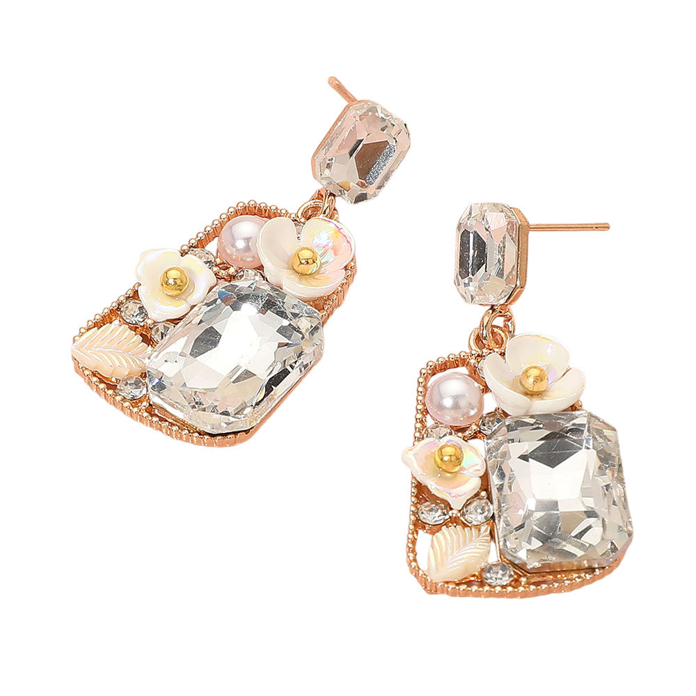 Floral Stone Pearl Leaf Accent Frame Dangle Earrings