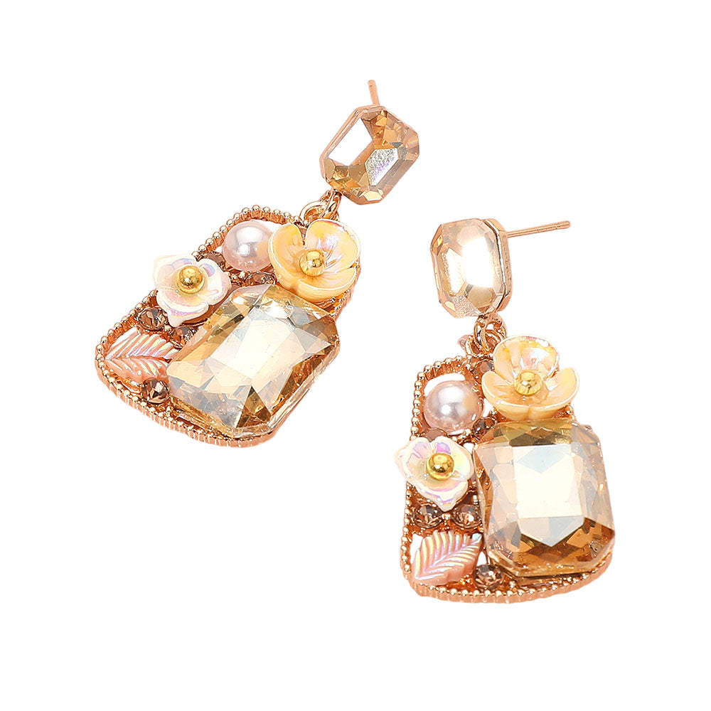Floral Stone Pearl Leaf Accent Frame Dangle Earrings