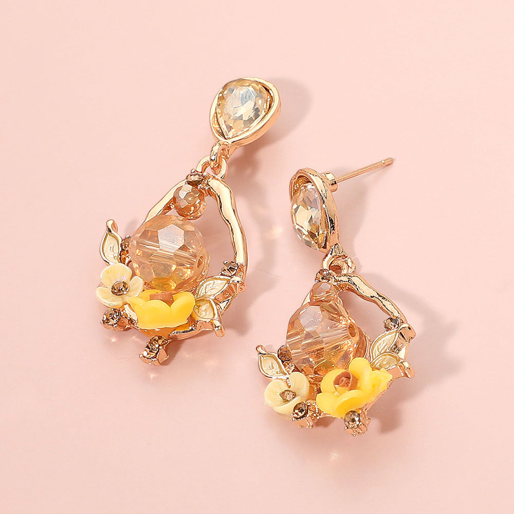 Floral Faceted Gem Embellished Teardrop Dangle Earrings