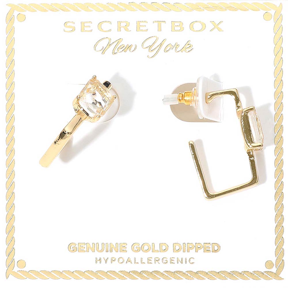 SECRET BOX_Genuine Gold Dipped Emerald Cut Stone Cluster Accent Square Hoop Earrings