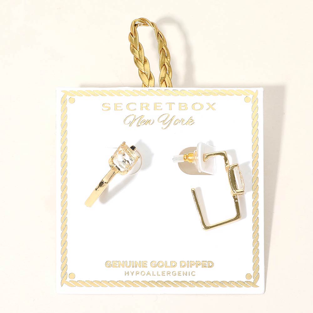 SECRET BOX_Genuine Gold Dipped Emerald Cut Stone Cluster Accent Square Hoop Earrings