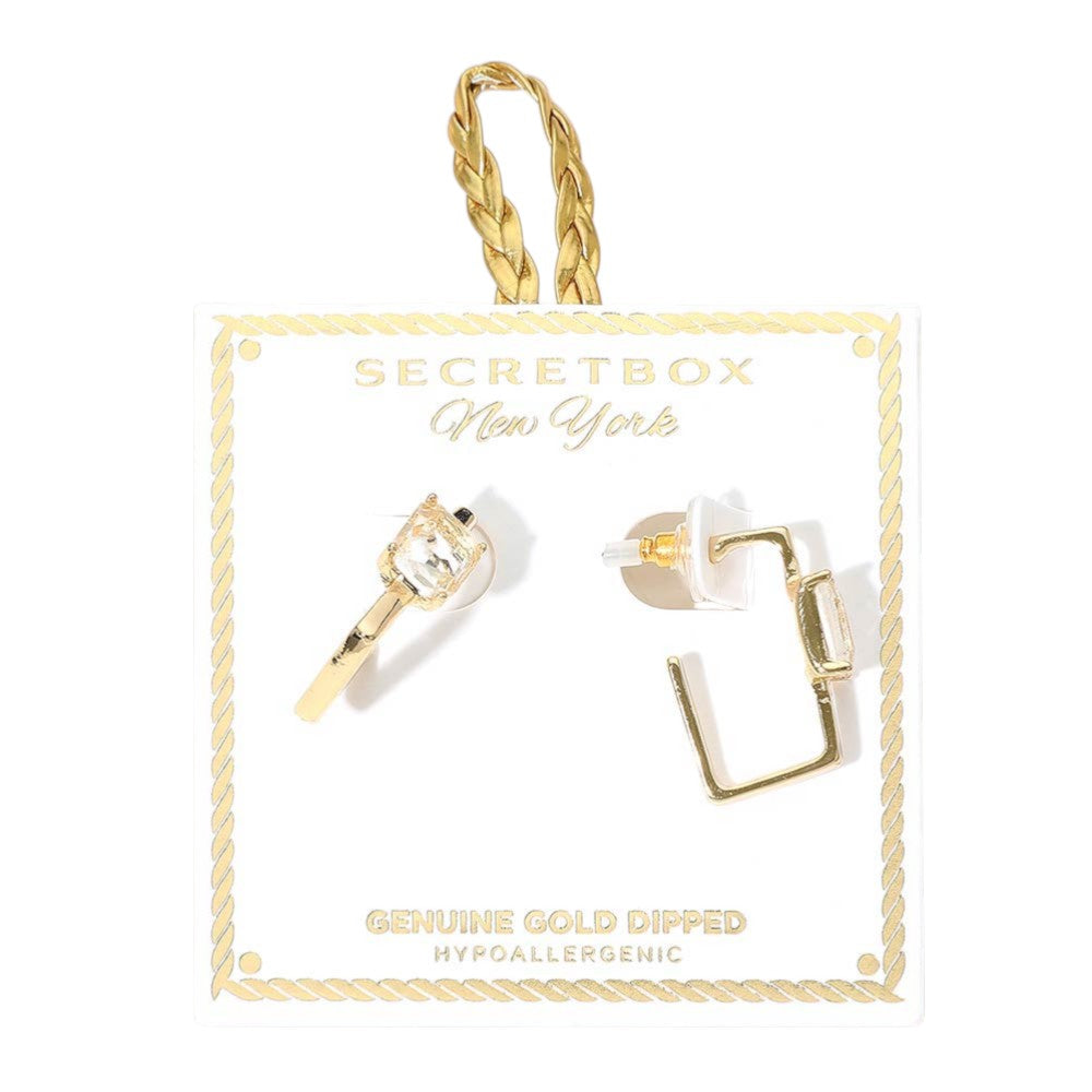 SECRET BOX_Genuine Gold Dipped Emerald Cut Stone Cluster Accent Square Hoop Earrings