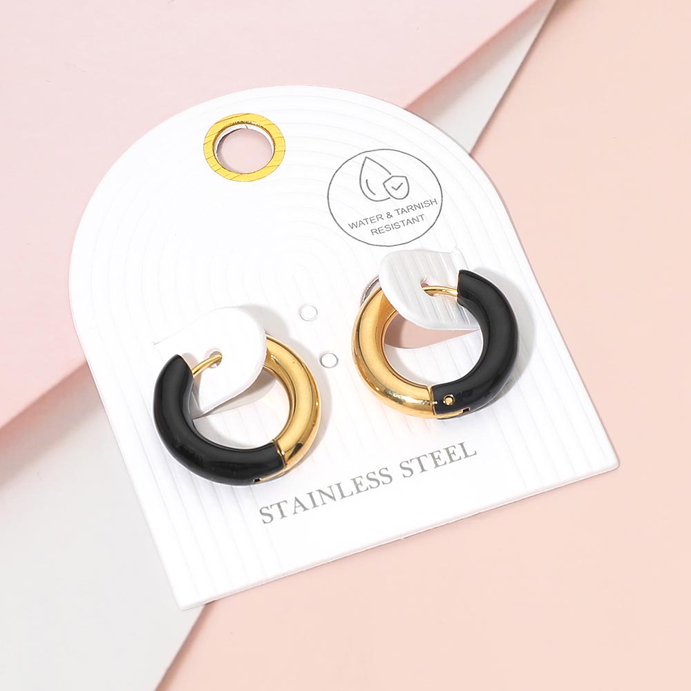 Stainless Steel Two Tone Chunky Huggie Hoop Earrings