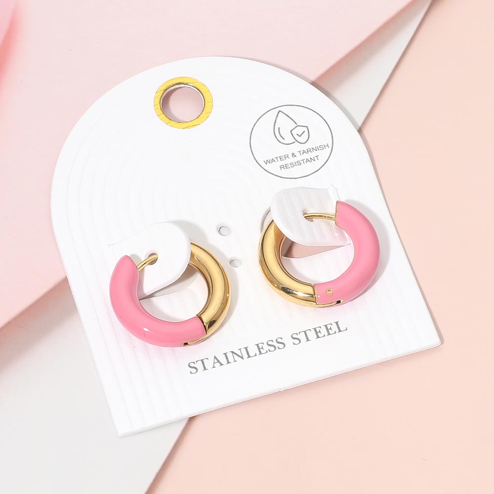 Stainless Steel Two Tone Chunky Huggie Hoop Earrings