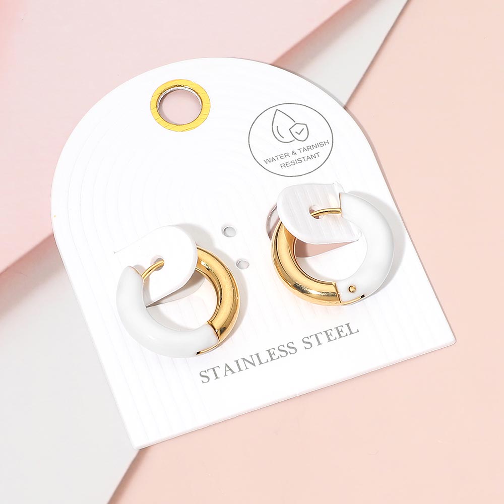 Stainless Steel Two Tone Chunky Huggie Hoop Earrings