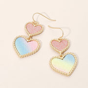 Glitter Double Heart Link Drop Dangle Earrings