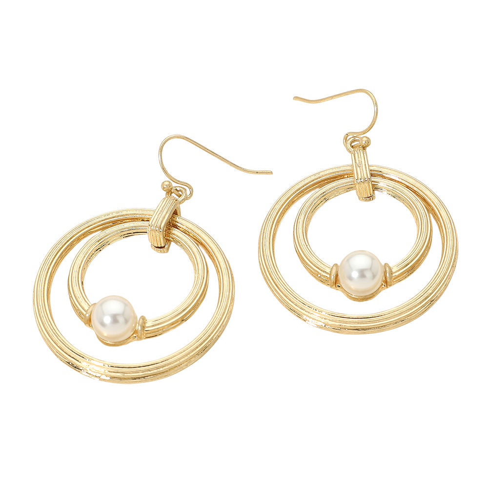 Pearl Accent Textured Chunky Layered Double Hoop Drop Dangle Earrings