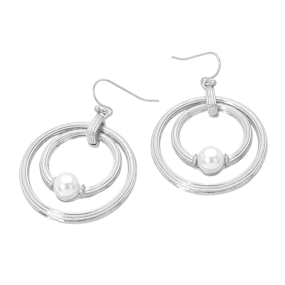 Pearl Accent Textured Chunky Layered Double Hoop Drop Dangle Earrings