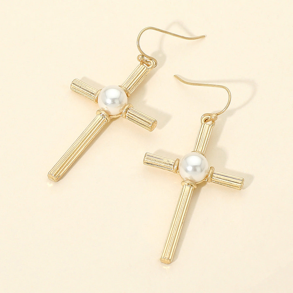 Pearl Accent Chunky Textured Cross Drop Dangle Earrings