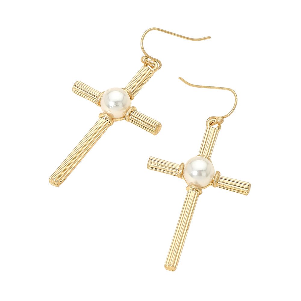 Pearl Accent Chunky Textured Cross Drop Dangle Earrings