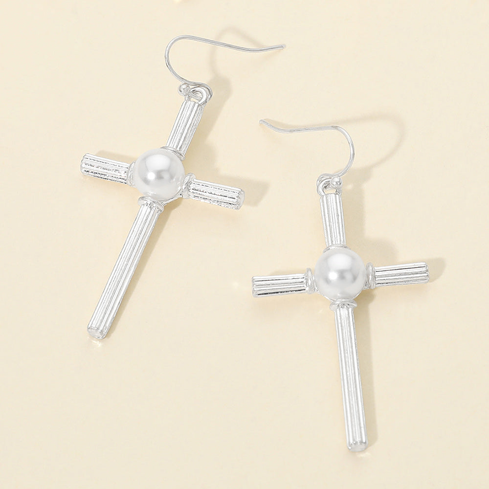Pearl Accent Chunky Textured Cross Drop Dangle Earrings