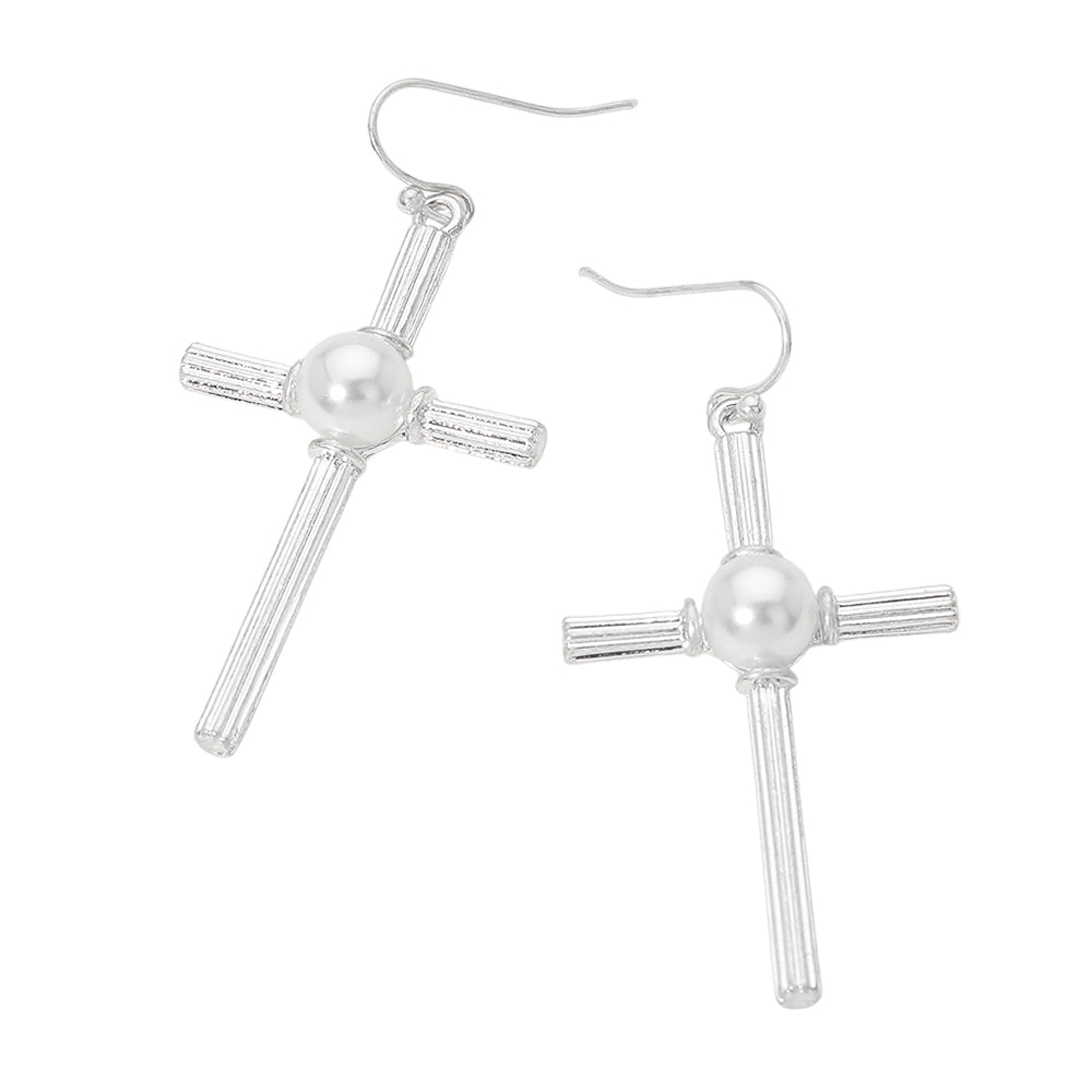 Pearl Accent Chunky Textured Cross Drop Dangle Earrings