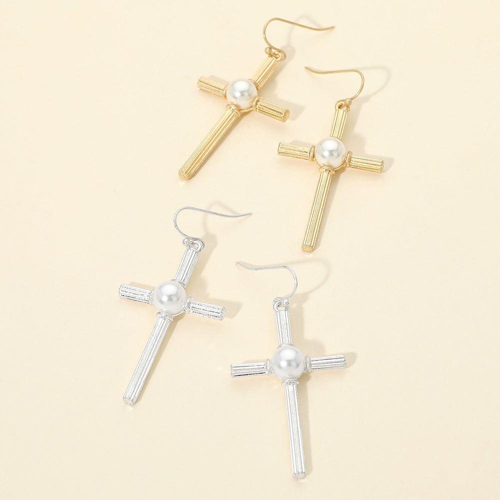 Pearl Accent Chunky Textured Cross Drop Dangle Earrings