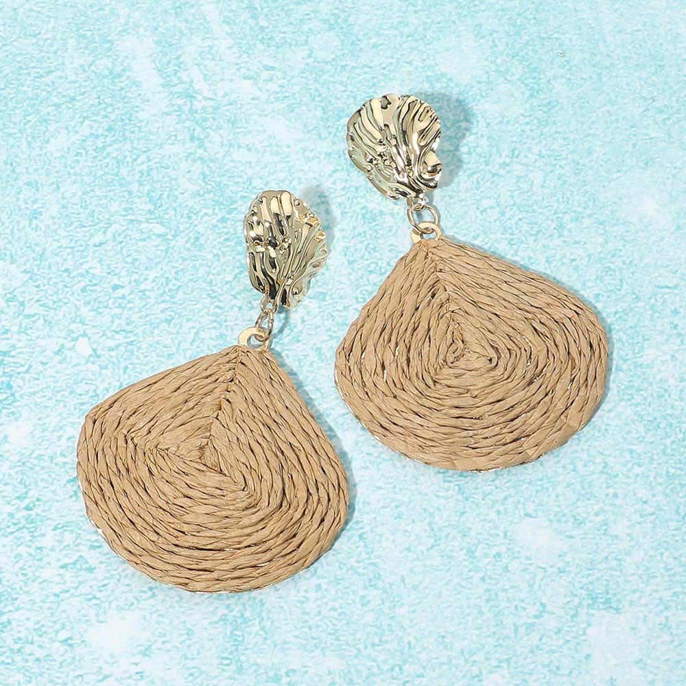 Raffia Wrapped Shell Drop Statement Earrings
