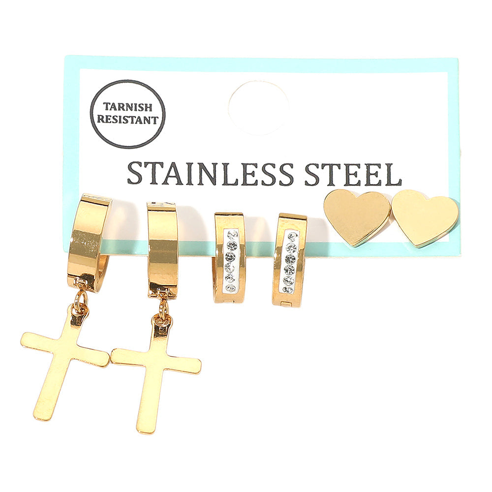 3Pairs - Stainless Steel Cross Drop Dangle Rhinestone Line Huggie Mini Hoop Heart Stud Earring Set