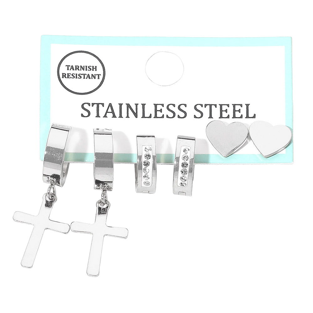 3Pairs - Stainless Steel Cross Drop Dangle Rhinestone Line Huggie Mini Hoop Heart Stud Earring Set