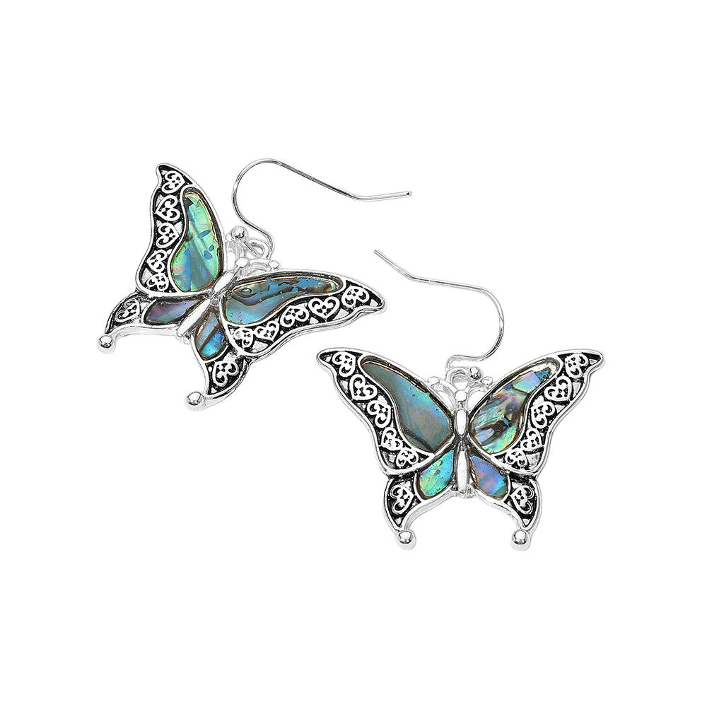 Antique Metal Abalone Pointed Butterfly Dangle Earrings