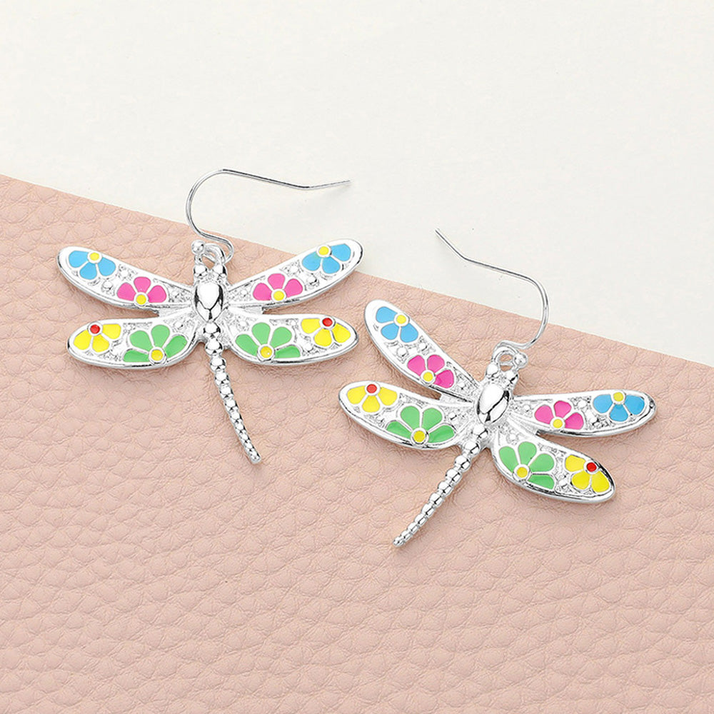 Flower Patterned Dragonfly Dangle Earrings