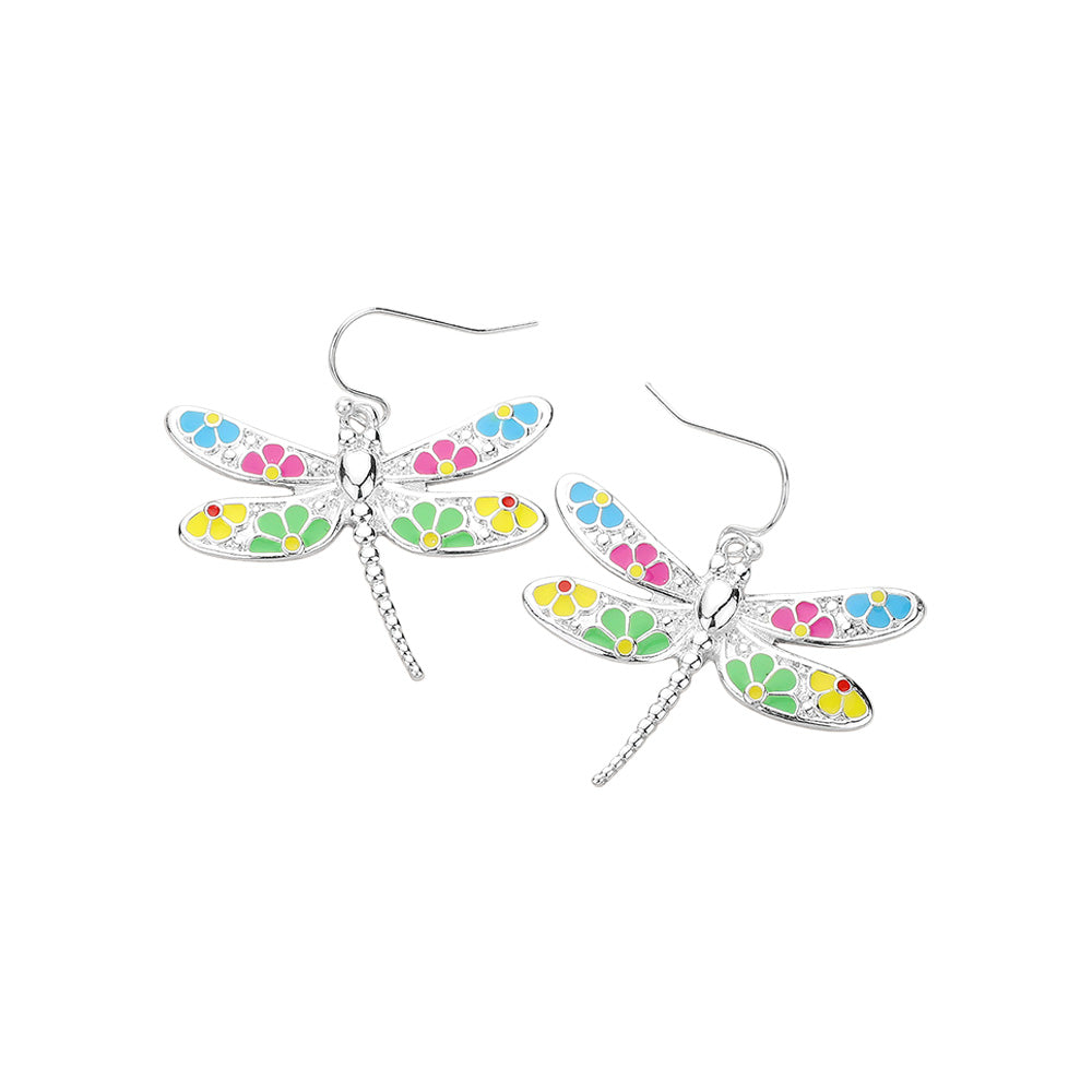 Flower Patterned Dragonfly Dangle Earrings