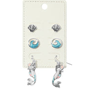 3Pairs - Metal Seashell Enamel Wave Post Mermaid Dangle Earrings Set
