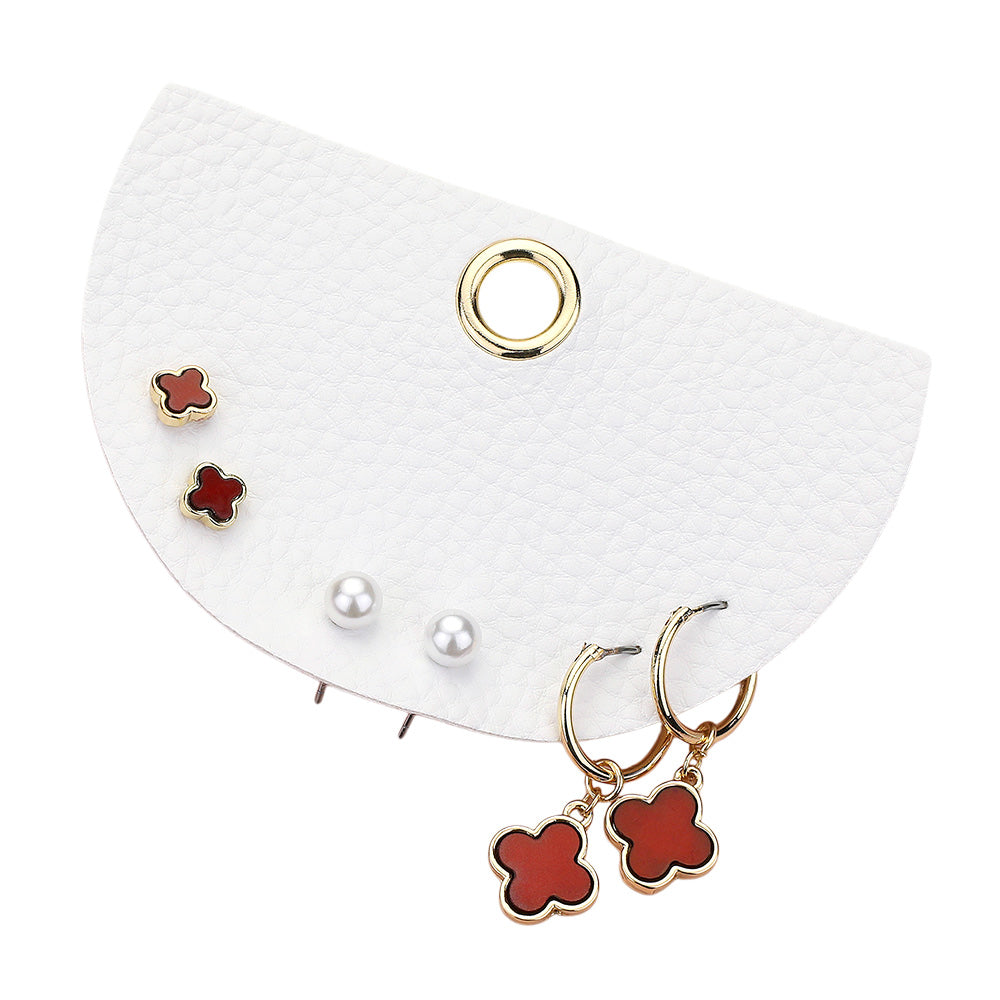 3Pairs - Quatrefoil Pearl Stud Quatrefoil Dangle Earring Set