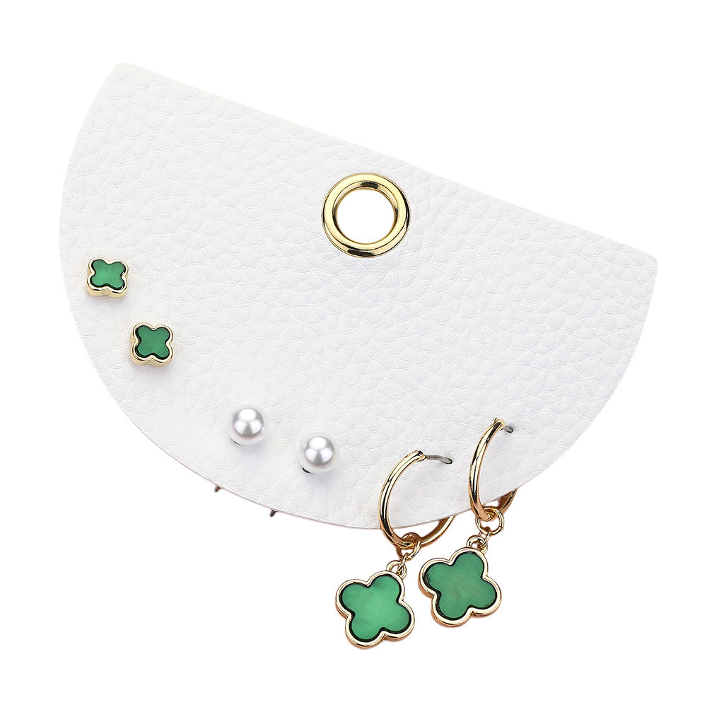 3Pairs - Quatrefoil Pearl Stud Quatrefoil Dangle Earring Set
