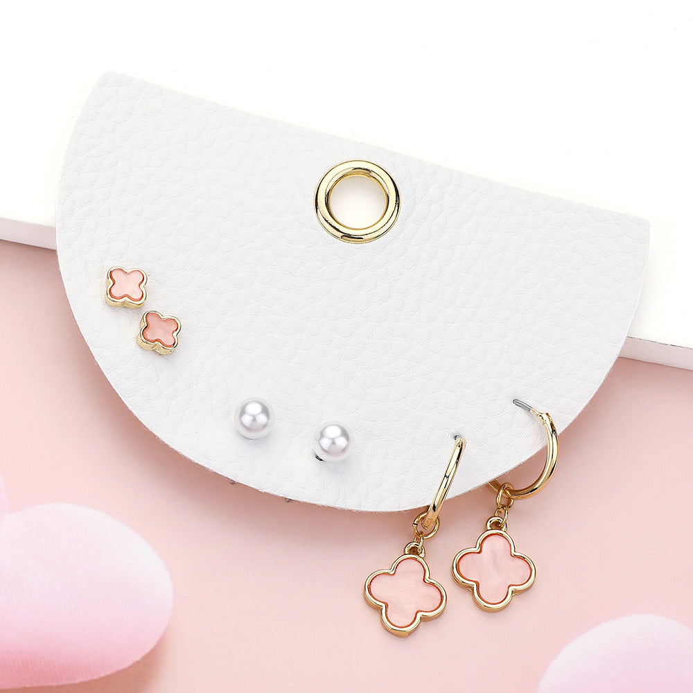 3Pairs - Quatrefoil Pearl Stud Quatrefoil Dangle Earring Set