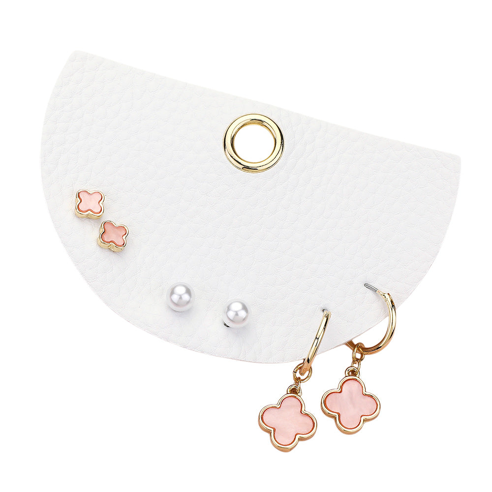 3Pairs - Quatrefoil Pearl Stud Quatrefoil Dangle Earring Set