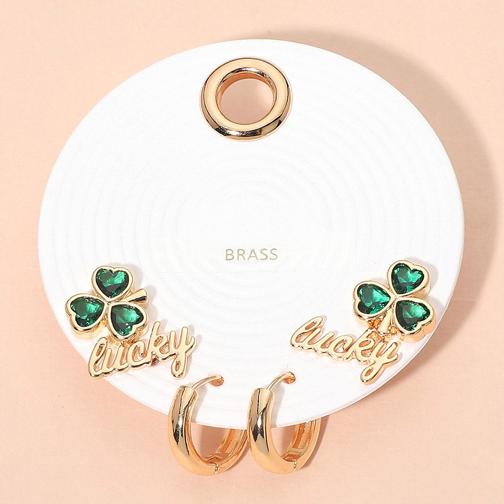 3Pairs - Clover Lucky Stud Huggie Hoop Earring Set