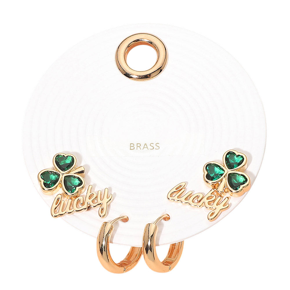 3Pairs - Clover Lucky Stud Huggie Hoop Earring Set