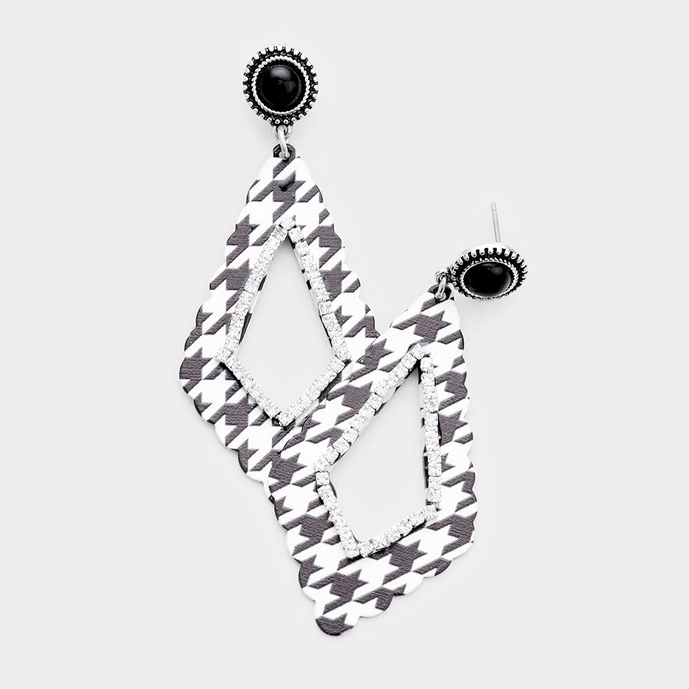 Houndstooth Check Print Rhinestone Embellished Cutout Geometric Metal Earrings