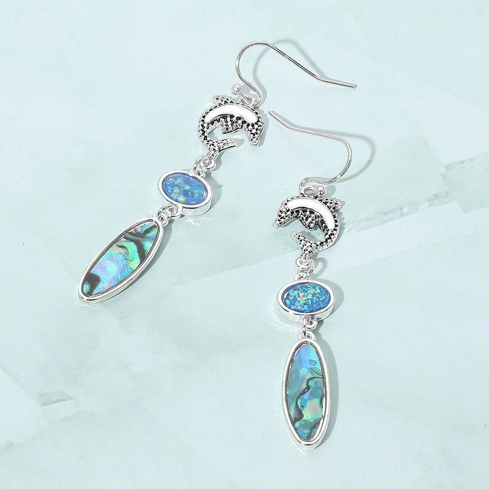 Metal Dolphin Abalone Opal Drop Dangle Earrings