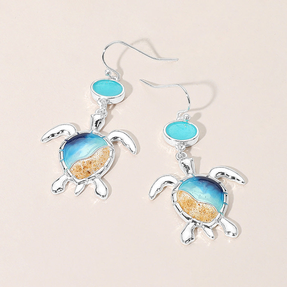 Enamel Sea Turtle Sea Glass Link Dangle Earrings