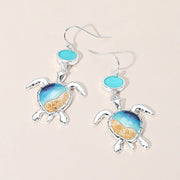 Enamel Sea Turtle Sea Glass Link Dangle Earrings