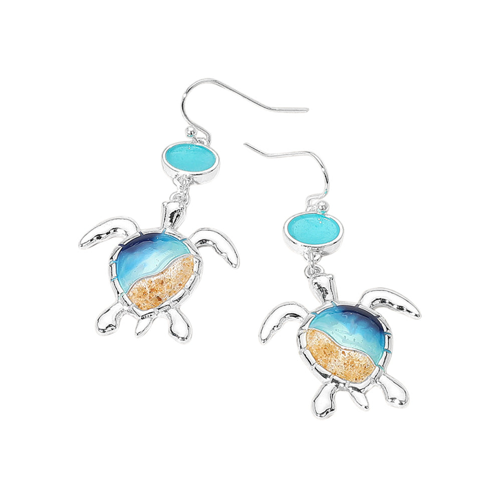 Enamel Sea Turtle Sea Glass Link Dangle Earrings