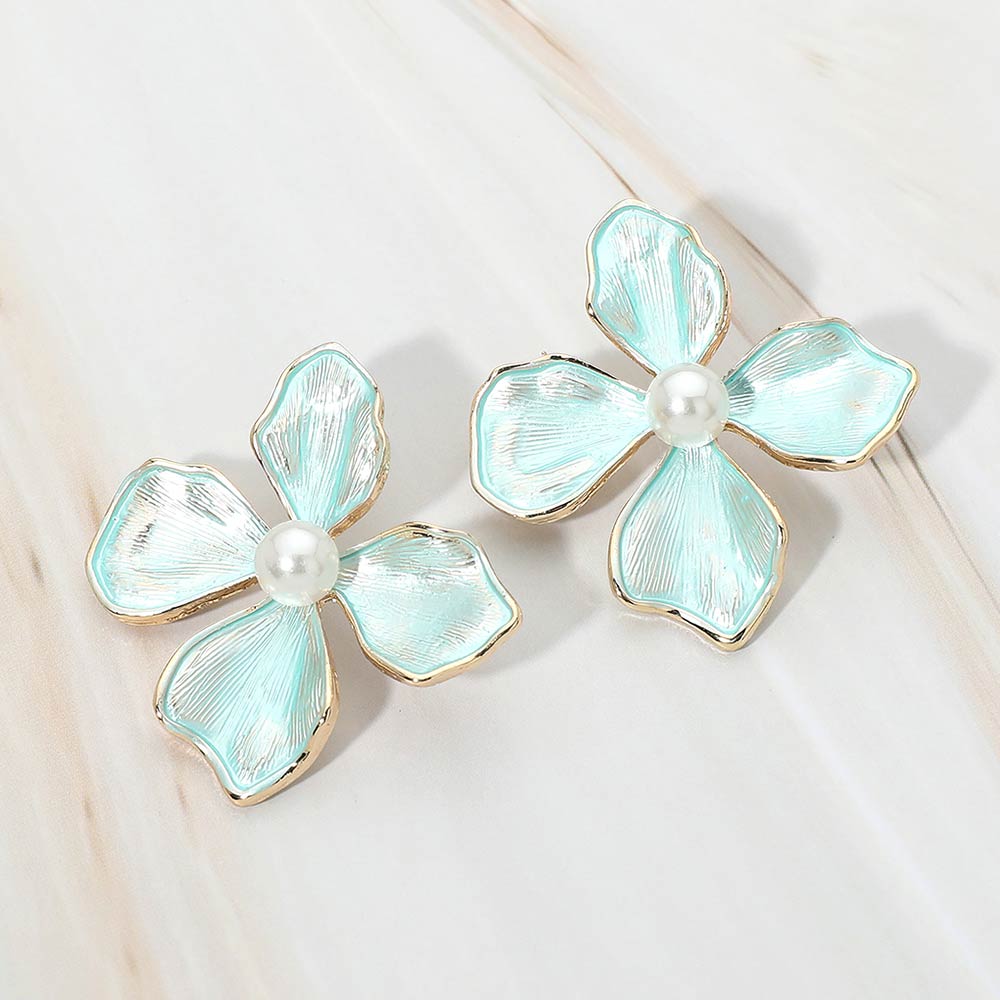 Pearl Accent Enamel Petal Flower Earrings
