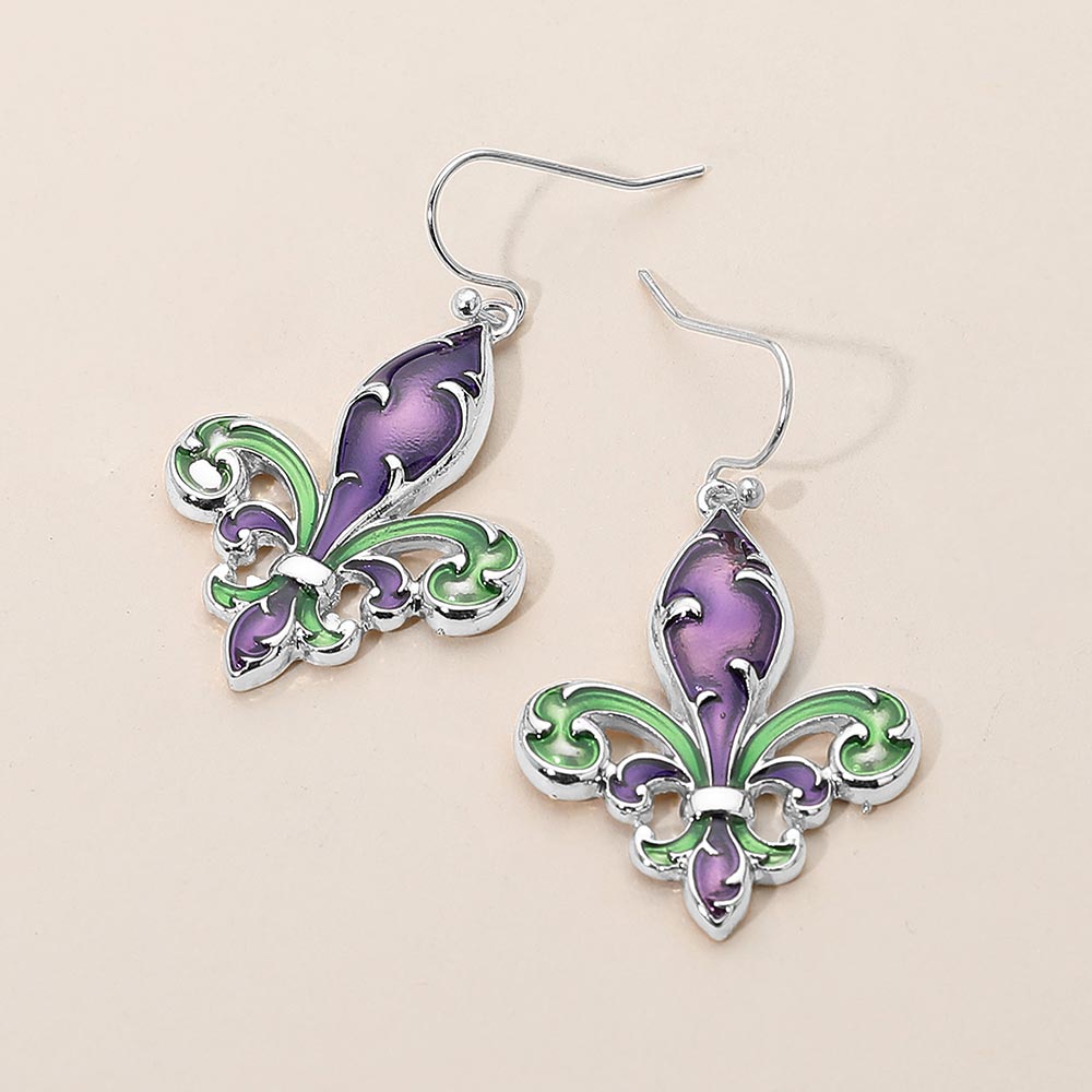 Women's Enamel Mardi Gras Fleur de Lis Dangle Earrings Crossbody Bag