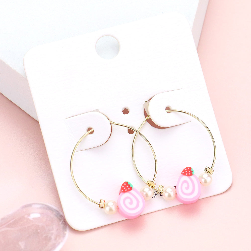Pearl Strawberry Cake Accented Metal Hoop Earrings