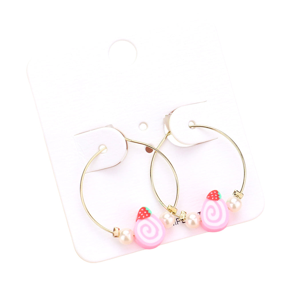 Pearl Strawberry Cake Accented Metal Hoop Earrings