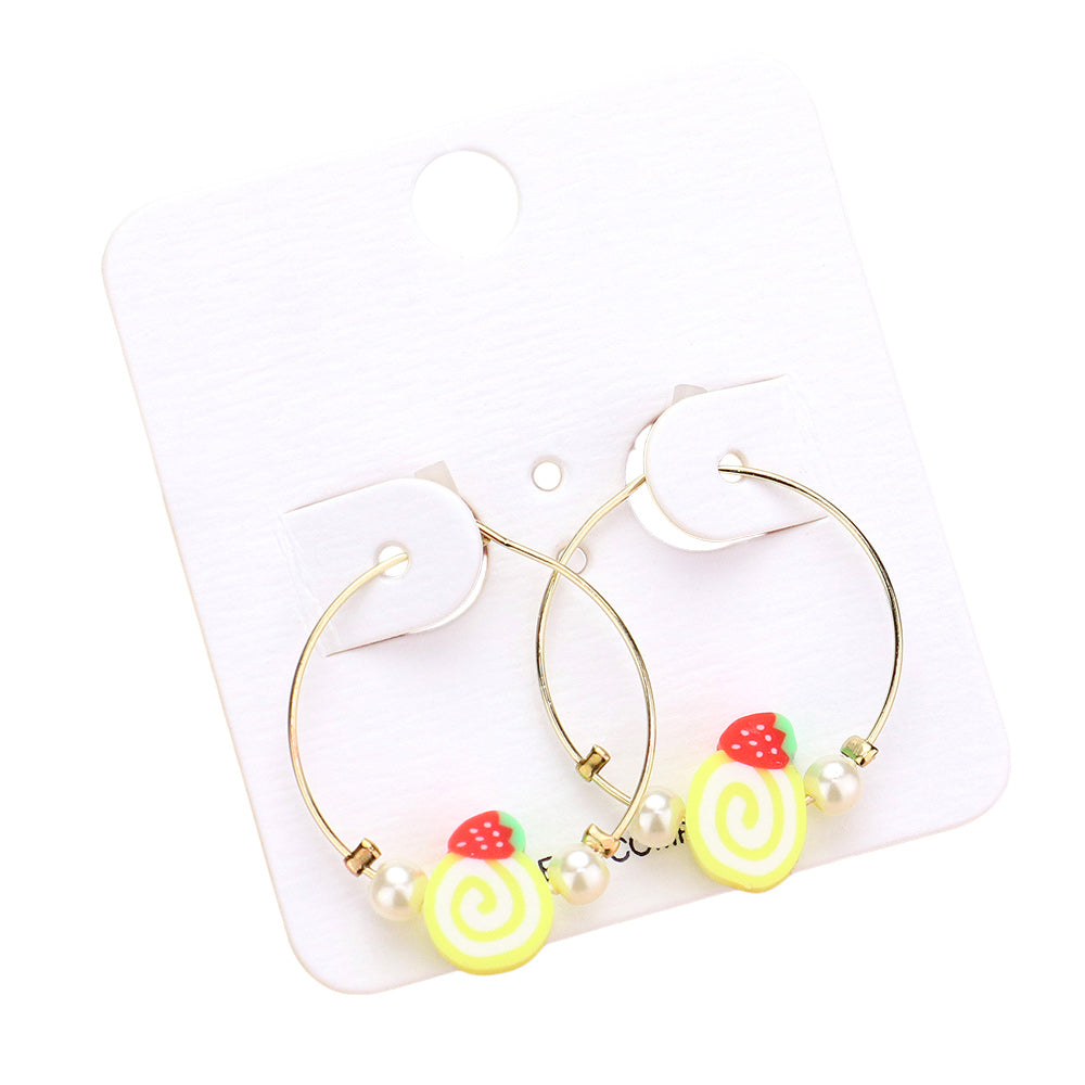 Pearl Strawberry Cake Accented Metal Hoop Earrings