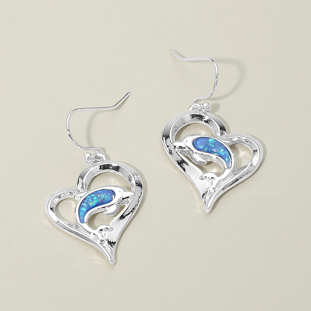 Dolphin Accent Heart Charm Drop Earrings