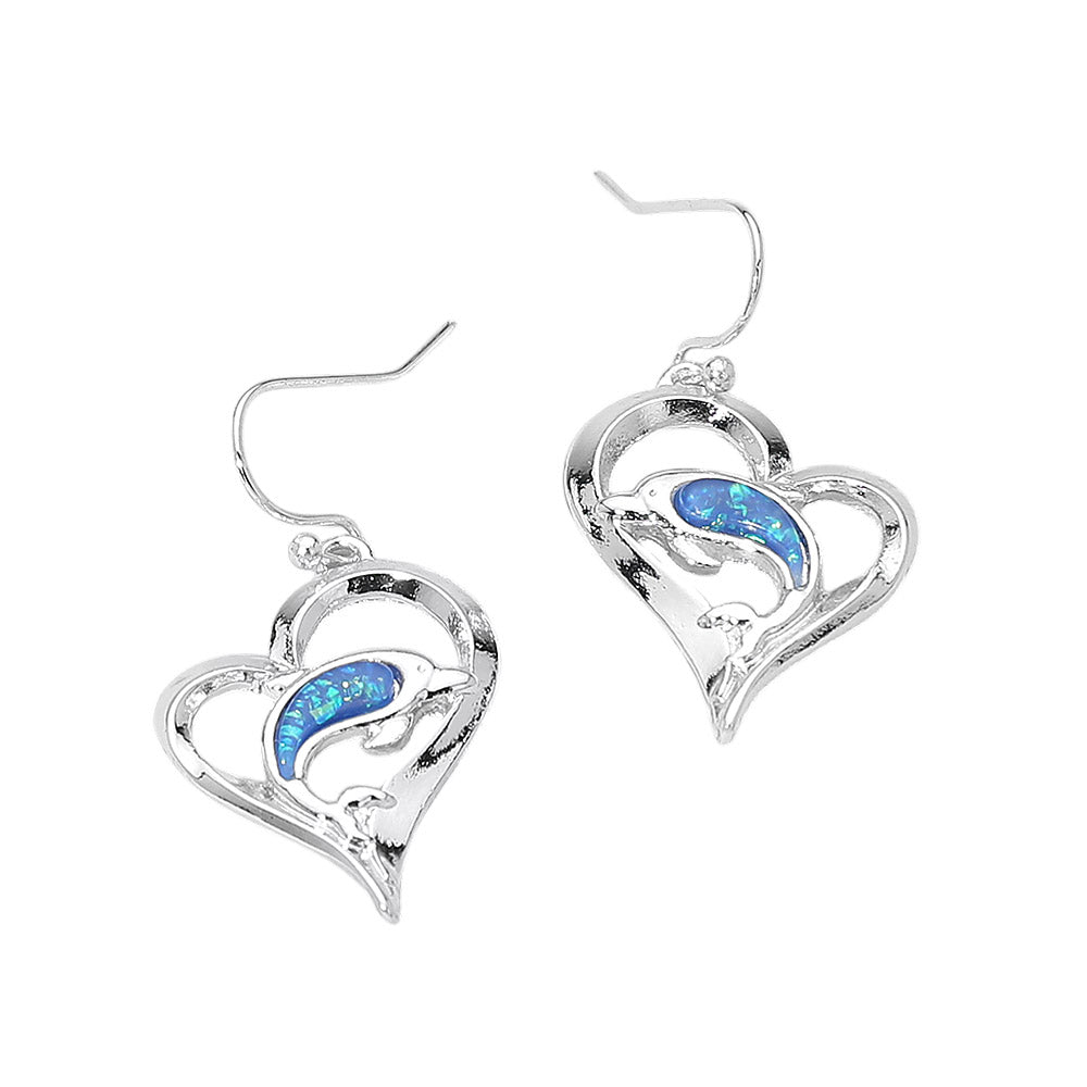 Dolphin Accent Heart Charm Drop Earrings