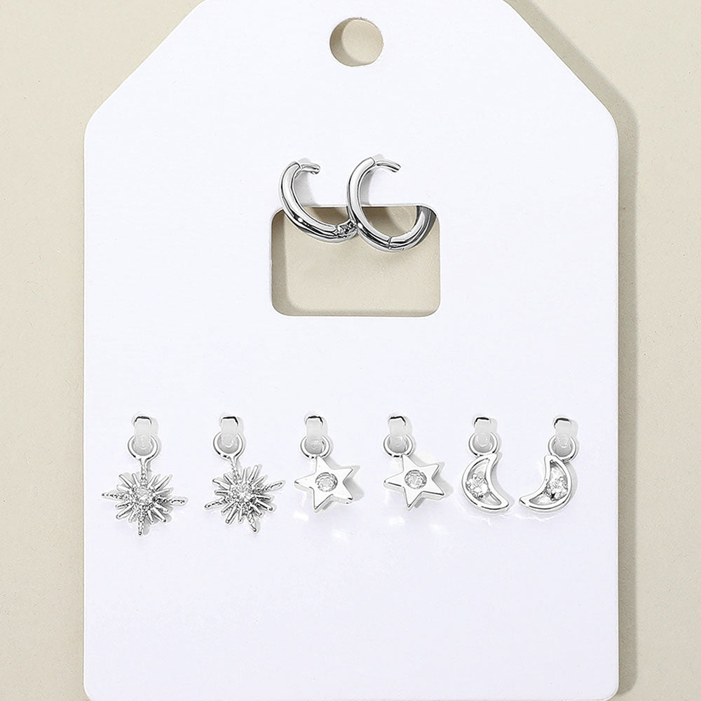 Stone Embellished North Star Crescent Moon Interchangeable Earring Set