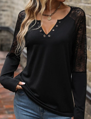 Lace Sleeve V-Neck Knitted Sweater Top – front view