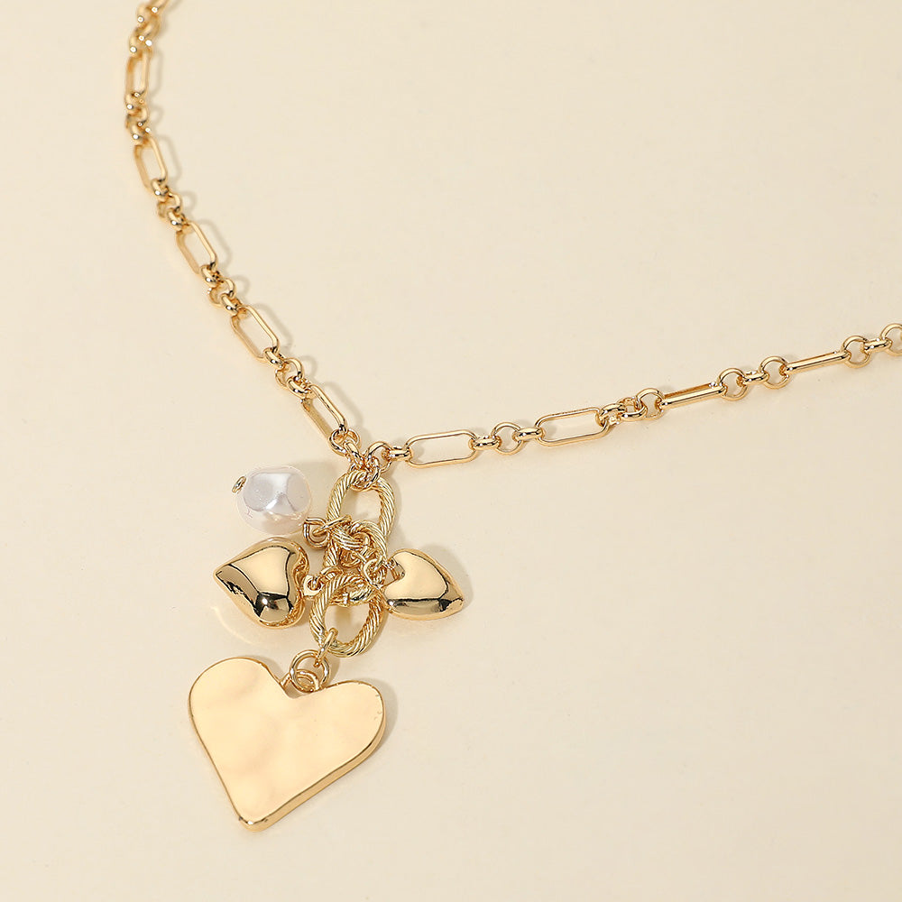 Heart Pearl Embellished Drop Charm Chain Necklace