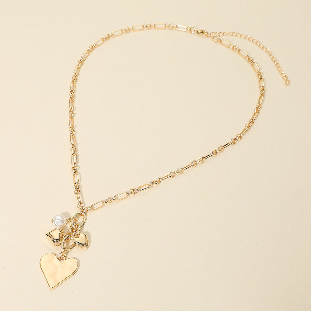 Heart Pearl Embellished Drop Charm Chain Necklace