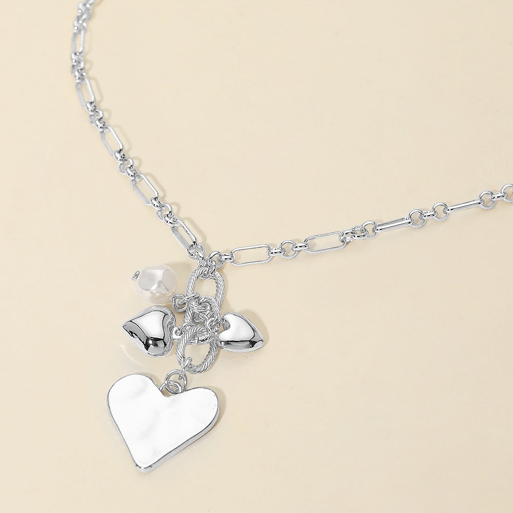 Heart Pearl Embellished Drop Charm Chain Necklace